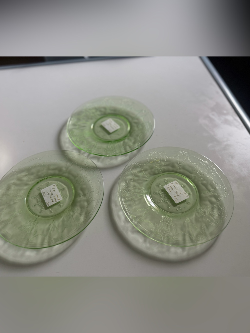 Set of 8 Green Depression Glass Dessert Plates